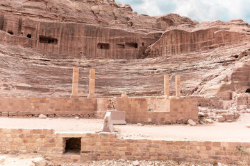A well preserved amphitheater carved by Nabatean craftsmen into rock in Nabatean Kingdom of Petra...