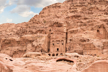 Great Temple carved into rock by Nabatean craftsmen in Nabatean Kingdom of Petra in Wadi Musa city in Jordan