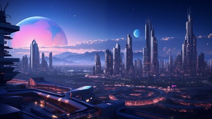 Futuristic Metropolis Skyline at Twilight - obrazy, fototapety, plakaty