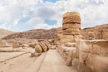 Remains of columns of main hall in Roman part of the Nabataean Kingdom of Petra in the Wadi Musa...