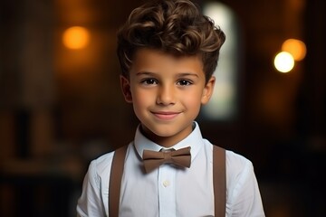 Portrait of a cute little boy with bow tie and suspenders - Powered by Adobe