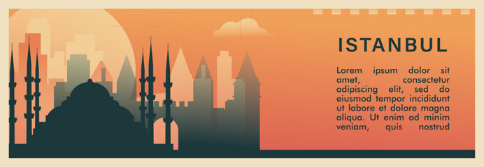 Istanbul city brutalism vector banner with skyline, cityscape. Turkey megapolis town retro horizontal illustration, travel layout for web presentation, header, footer