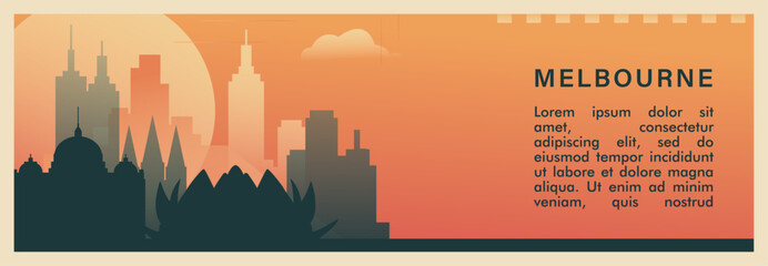 Fototapeta premium Melbourne city brutalism vector banner with skyline, cityscape. Australia, Victoria state town retro horizontal illustration, travel layout for web presentation, header, footer