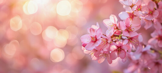 Fototapeta premium Cherry blossom blurred background with copy space. Spring banner