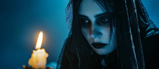 Blue background highlighted by a pale woman in black makeup and veil, holding a burning candle.