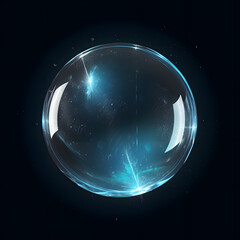 Fototapeta premium Shiny blue glass sphere with crystal ball vector on black background, Illustration of a transparent round object with a reflective surface. 3D Globe Icon for web and design.
