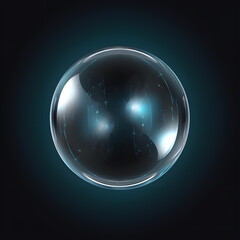 Shiny blue glass sphere with crystal ball vector on black background, Illustration of a transparent round object with a reflective surface. 3D Globe Icon for web and design.