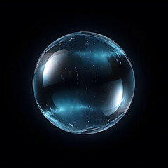 Shiny blue glass sphere with crystal ball vector on black background, Illustration of a transparent round object with a reflective surface. 3D Globe Icon for web and design.