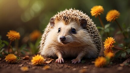 Naklejka na ściany i meble Four-toed Hedgehog in flower field, cute animal pet photo