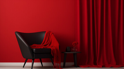 Red wall interior mockup for Stylish reading corner area.