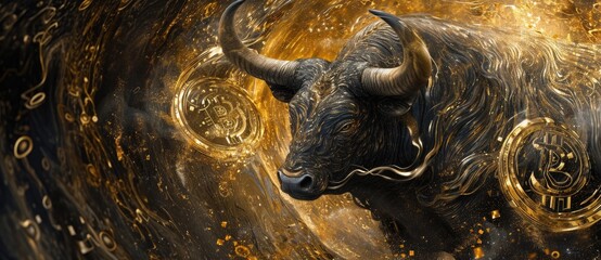 Capturing the essence of a thriving bull market in cryptocurrency, a golden bull statue is prominently placed amid scattered Bitcoin symbols.