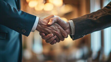 Business Handshake Agreement Close-up,Two professionals in formal attire engage in a firm handshake, signifying a business agreement or partnership.
