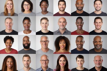 Collage of 24 diverse smiling people portraits - obrazy, fototapety, plakaty