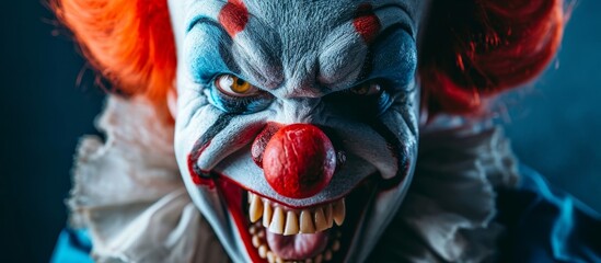 Close-up portrait of a mean-looking clown in a studio, conveying negative emotions while laughing at the camera.