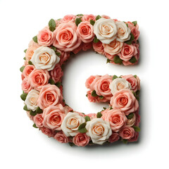 The letter G is made out of rose flowers, the Rose Alphabet, and Valentine Designs, on a White background, isolated on white, photorealistic	