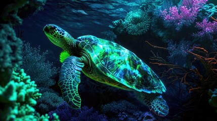 Fototapeta premium A neon green sea turtle gracefully swimming through a sea of coral its shell glowing in the neon light.