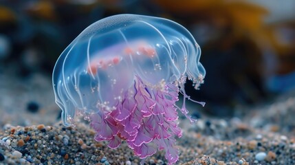 Closeup of a translucent jellyfish its bellshaped body pulsating with soft blue and pink hues against the sandy bottom of a tide pool.