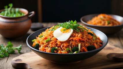 textures and colors in Kimchi fried rice a side view of the dish on a rustic wooden table, allowing the viewer to savor the combination of perfectly cooked rice