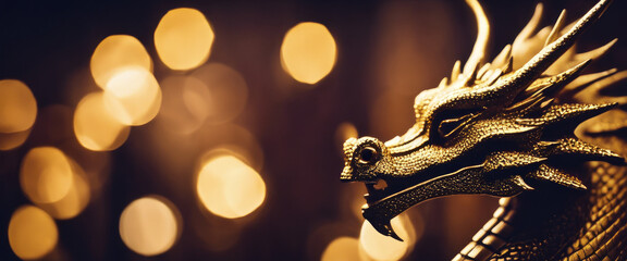 Year of the dragon. Golden dragon statue is captured in focus against a backdrop of blurred lights.