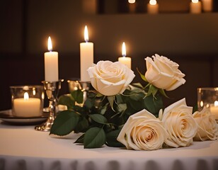 Elegant White Roses and Candlelight for a Relaxing Night a candle and some flowers on a table 