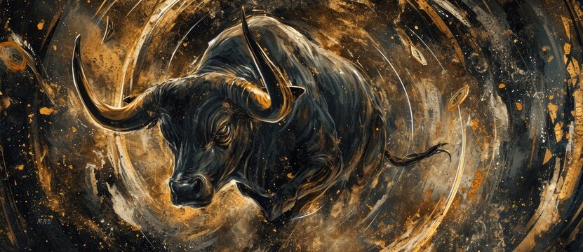 The Bull Market in Cryptocurrency symbolized by a majestic golden bull statue surrounded by scattered Bitcoin.