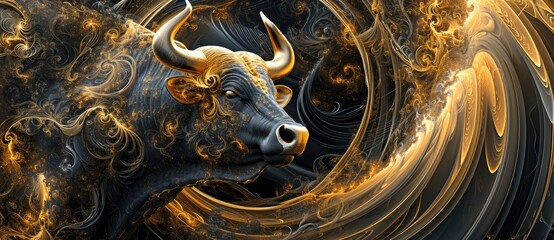  The Bull Market in Cryptocurrency symbolized by a majestic golden bull statue surrounded by scattered Bitcoin.