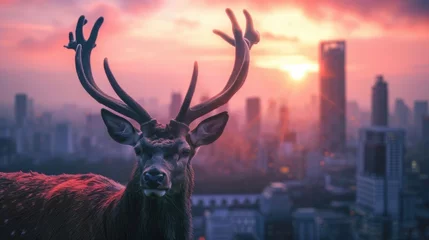 Schilderijen op glas Closeup of a majestic deer with exquisite antlers captured against the backdrop of a modern city skyline glowing under a pink sunset sky. A perfect blend of natural and manmade © Justlight