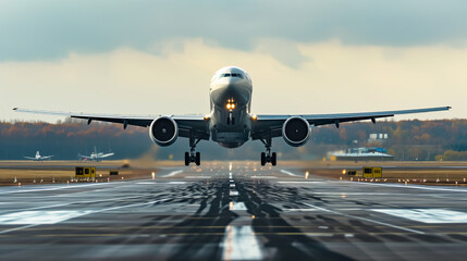 A Large Jetliner Taking Off From an Airport Runway - obrazy, fototapety, plakaty