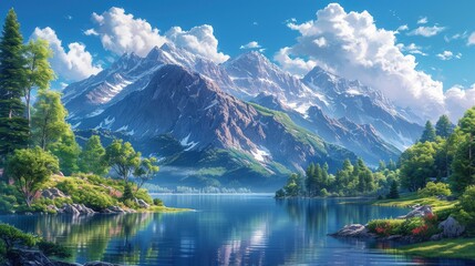 Naklejka na ściany i meble Picturesque Landscape Mountain Cloudy Sky Reflecte, Background Banner HD
