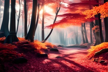Autumn forest in the morning. Generative AI.