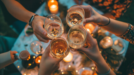 An overhead shot of a group of friends clinking their glasses in a celebratory toast