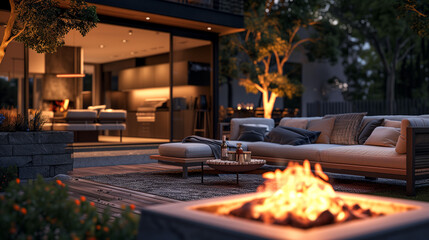 An atmospheric barbecue background with a cozy fire pit, glowing embers, and comfortable seating, creating an inviting outdoor space - obrazy, fototapety, plakaty