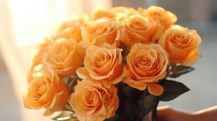 Obraz premium A bouquet of yellow, orange roses in women's hands for congratulations on Mother's Day, Valentine's Day, Women's Day. Blurred background.