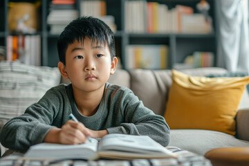 Dedicated Asian little boy concentrating on studies