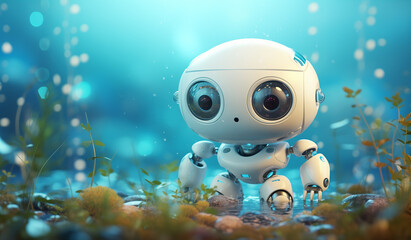 Fototapeta na wymiar cute robot with eyes on a path surrounded by nature