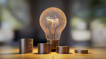 Coins are placed in front of a lit light bulb, indicating that electricity use equals money.,3d...