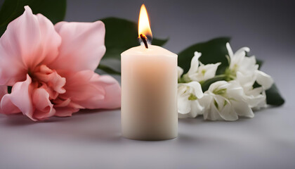Burning candle and flower on black background.