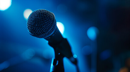 Microphone on Stage with Blue Ambient Lighting