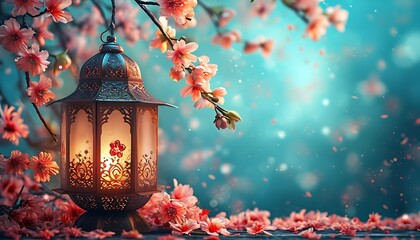 Lantern with flowers on table. Islamic, Ramadan Kareem background.
