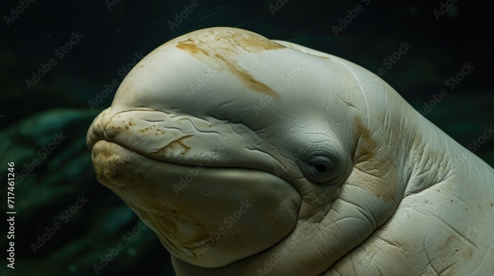 Poster closeup of the unique melonshaped head of a beluga whale covered in wrinkles and scars giving it a w