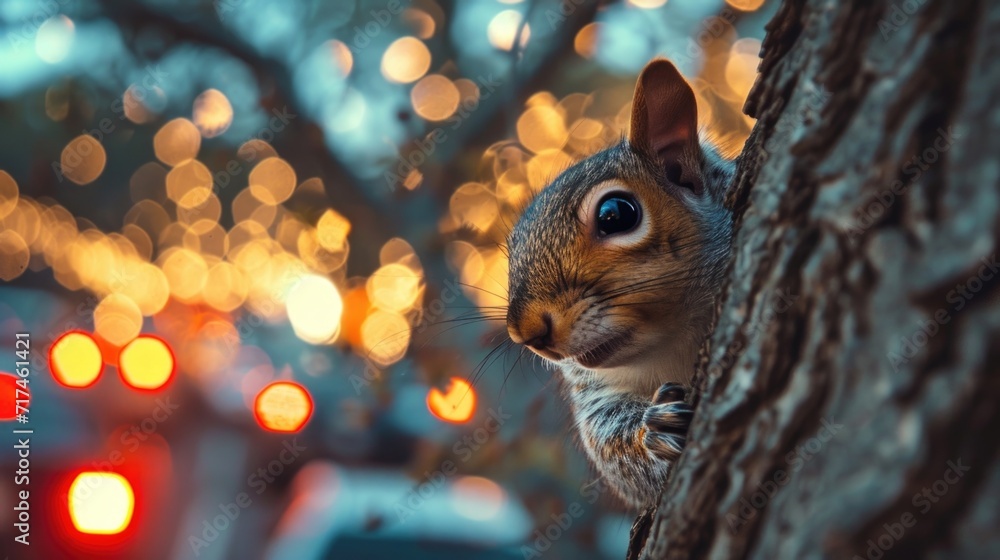Poster closeup of a watchful squirrel peering out from a cozy nest in the tree as the hazy illumination of 