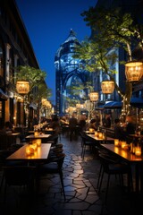 Obraz premium Modern city square with al fresco dining and vibrant nightlife, Generative AI