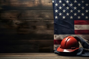 American flags helmet and tools on wooden background. Labor Day background concept.