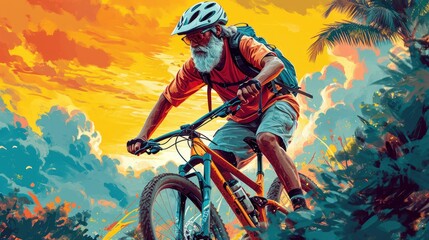 Senior Man Riding Mountain Bike, Background Banner HD