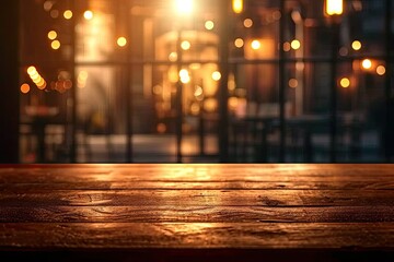 Cityscape blurred with bokeh lights empty wooden table stands surface canvas of abstract design and potential. night falls dark grainy wood becomes counterpoint to blurred background