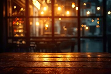 Cityscape blurred with bokeh lights empty wooden table stands surface canvas of abstract design and potential. night falls dark grainy wood becomes counterpoint to blurred background