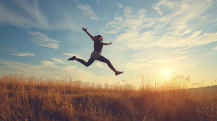 Person leaping joyfully in a field.
