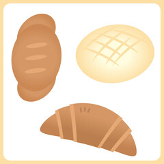 柔らかいタッチのパンセット｜メロンパン、ロールパン、クロワッサン、朝食