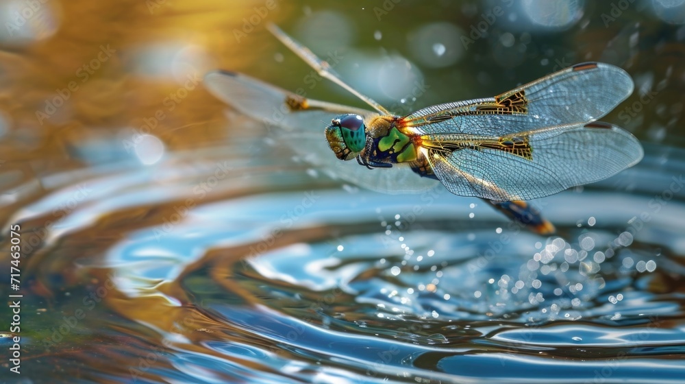 Poster closeup of a dragonfly in midflight its wings beating rapidly as it skims across the waters surface 