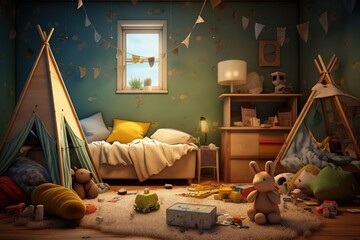 A children's room littered with toys before cleaning. A mess with toys scattered on the floor, the interior of a children's room